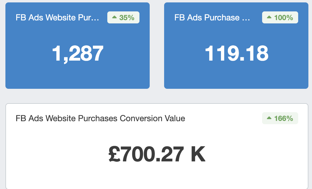 The image shows a dashboard with Facebook Ads statistics for website purchases, conversion value, and percentage increases.