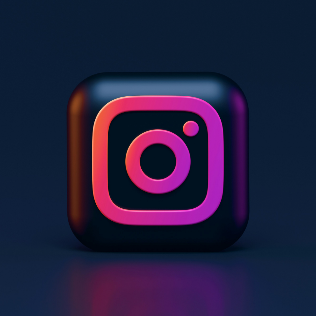 A 3D rendering of the Instagram logo with a neon glow on a dark background.